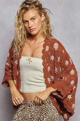 POL Openwork V-Neck Chenille Cardigan with Contrast Floral OutfitFlow